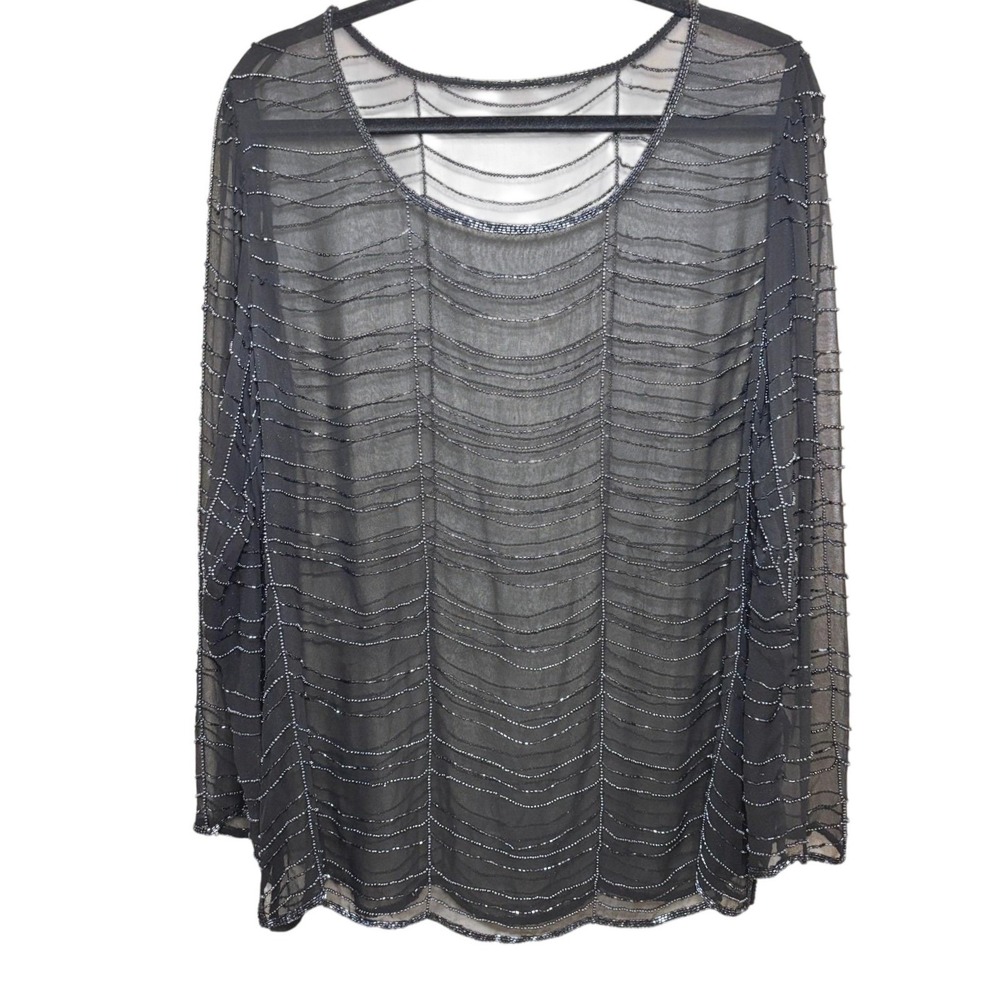 Vintage Black Silk Chiffon Beaded Top Sheer Gatsby Art Deco Party Evening M